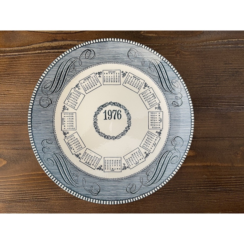 Vintage 1976 Calendar Plate Blue & White 10" Ceramic Dish Retro Farmhouse Decor